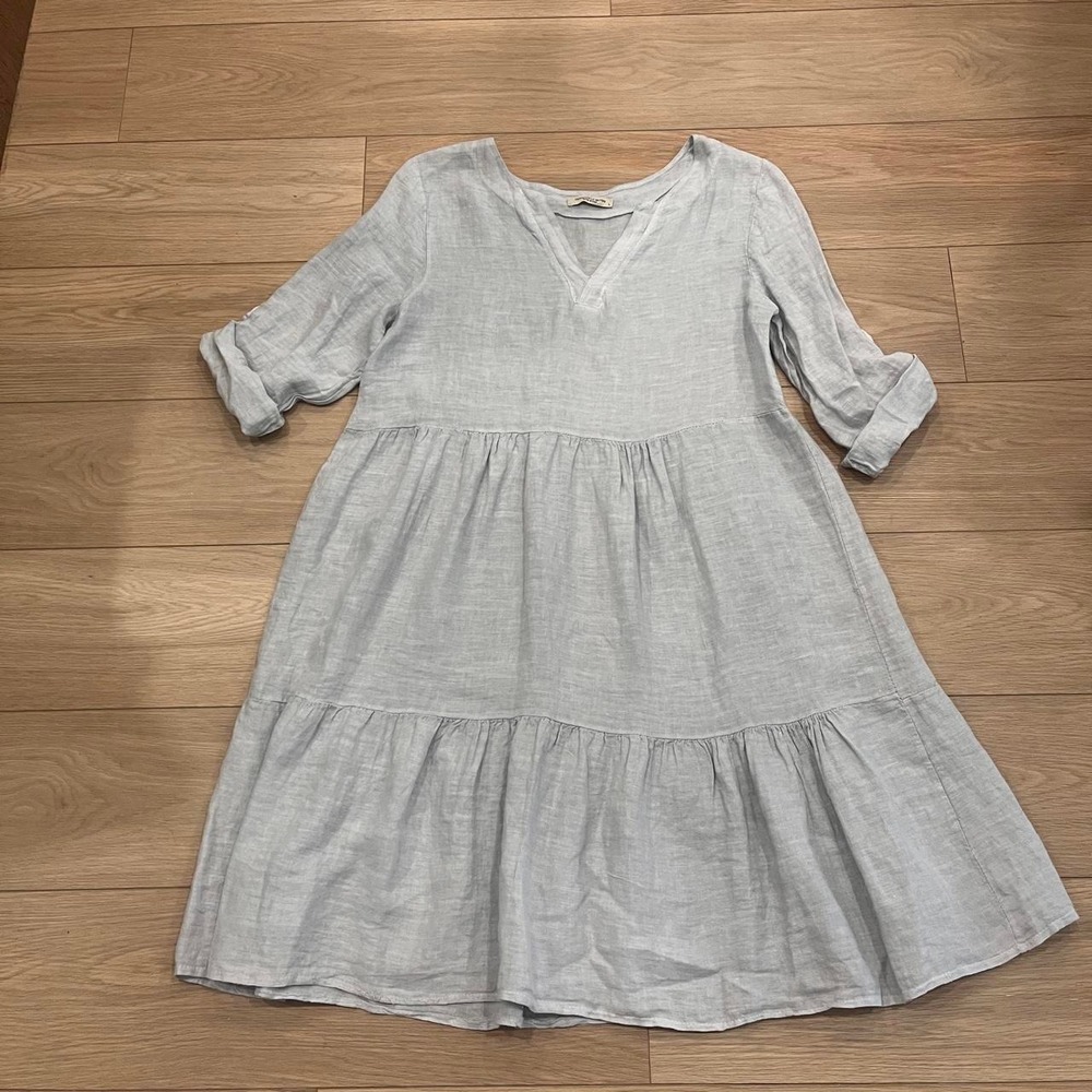 Francesca Bettini Made In Italy 100% Linen Tiered Dress Cottagecore Quiet Luxury